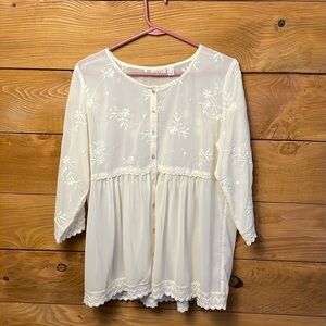 WOMENS LOGO BY LORI GOLDSTEIN SIZE 10 CREAM BUTTON DOWN BLOUSE WITH EMBROIDERED